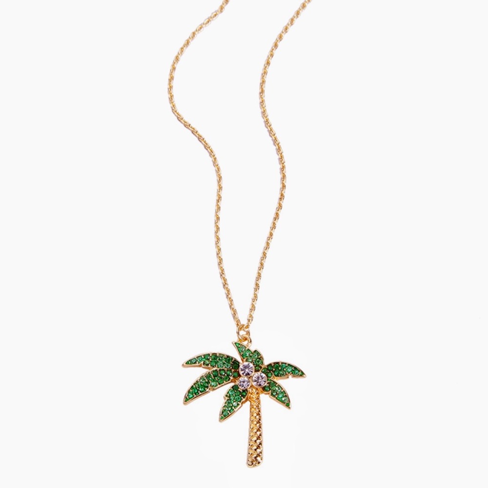 Tropical Rhinestone Palm Tree Necklace Green Gold